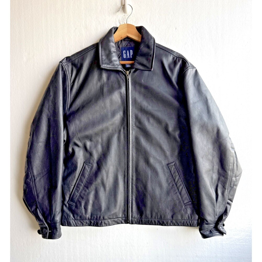Vintage GAP Y2K Black Genuine Leather Full Zip Quilted Lined Jacket Men’s Small